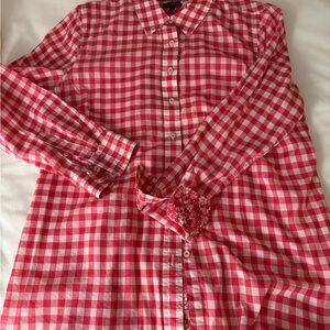 Talbots pink/White Checkered women’s blouse Shirt w/floral contrast trim Large